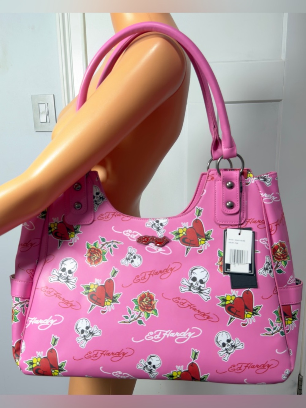 Ed Hardy Pink Tattoo-Print Tote with Double Handles
